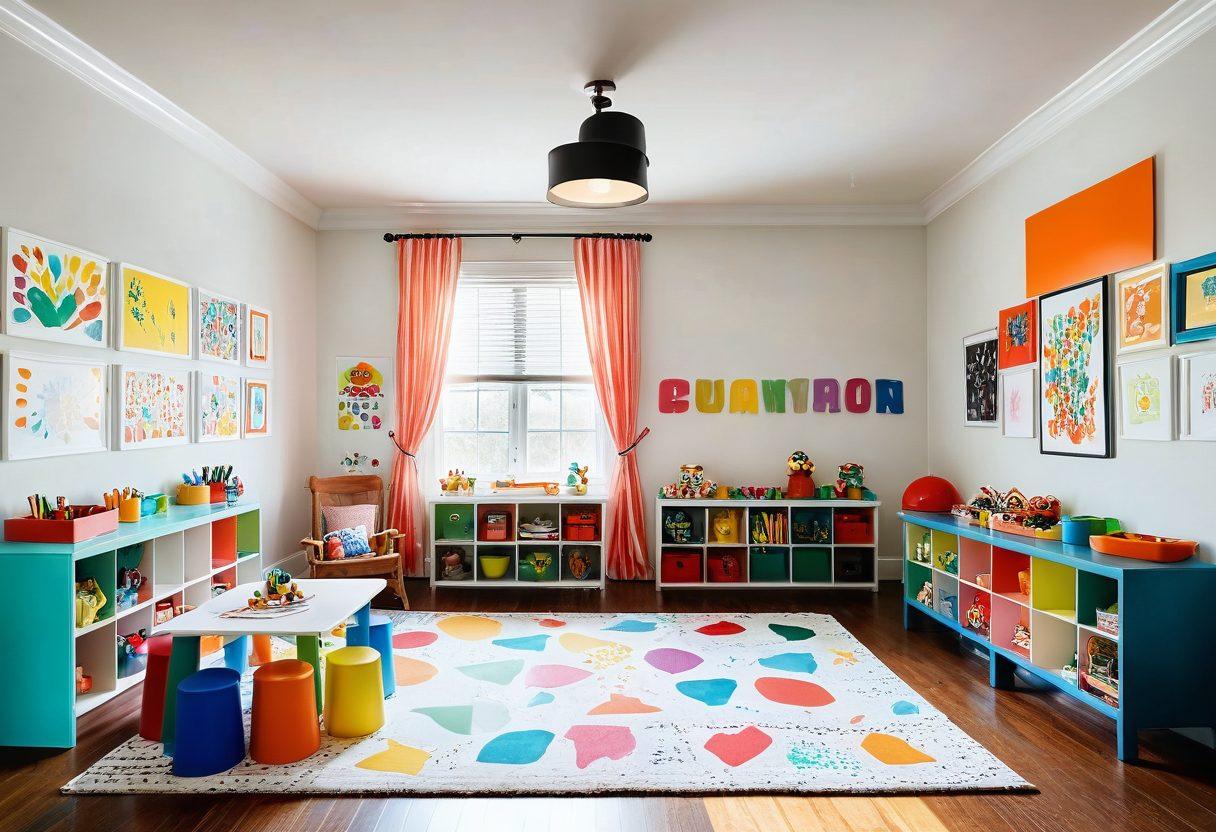 A whimsical scene of a bright and colorful playroom filled with toddlers engaged in various creative activities such as painting, building blocks, and crafting. Include playful, oversized art supplies like giant crayons and splashes of vibrant paint around the room, with animated expressions on the children's faces. Soft, warm lighting to create a cozy and inviting atmosphere. super-realistic. vibrant colors. playful details.