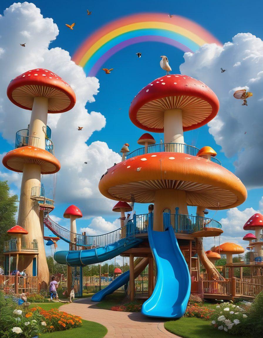 A vibrant, colorful playground filled with whimsical structures like giant mushrooms and rainbow slides, children of diverse backgrounds playing together, engaged in creative activities such as painting and building with oversized blocks. The sky above is a brilliant blue, with fluffy white clouds and birds flying. The scene evokes joy, imagination, and family bonding. super-realistic. vibrant colors. sunny day.