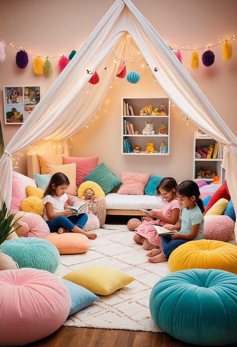 A whimsical classroom scene filled with diverse children engaged in sensory play with colorful materials, surrounded by storybooks and plush toys. A cozy reading nook with cushions and fairy lights, illustrating the joy of learning through interactive experiences. Soft pastel colors to create a warm and inviting atmosphere. playful cartoon style. vibrant colors.